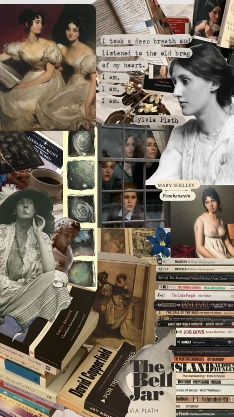 Women Of Literature, Collage With Book Pages, Virginia Woolf Wallpapers, Books Collage Aesthetic, American Literature Aesthetic, Literature Aesthetic Art, Book Collage Aesthetic, Girlhood Collage, English Literature Student Aesthetic