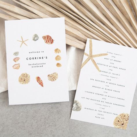 Watercolor Seashells Bachelorette Party Itinerary Invitation Watercolor Seashells, Itinerary Wedding, Tropical Bachelorette Party, Itinerary Invitation, Party Itinerary, Bachelorette Party Itinerary, Beach Bachelorette Party, Bachelorette Party Destinations, Tropical Bachelorette