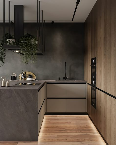 Modern Wood Kitchen, Taupe Kitchen, Cosy Kitchen, Wood Interior Design, Modern Kitchen Cabinet Design, Modern Kitchen Interiors, Concrete Kitchen, Home Nails, Nails Home