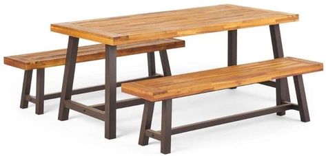 Christopher Knight Home 298403 Bowman Wood Outdoor Picnic Table Set | Perfect for Dining, Brown + Black Rustic Metal Slat Paneling, Picnic Table Covers, House Patio, Wooden Picnic Tables, Patio Picnic, Dining Table Dimensions, Wooden Patios, Table And Bench Set, 3 Piece Dining Set