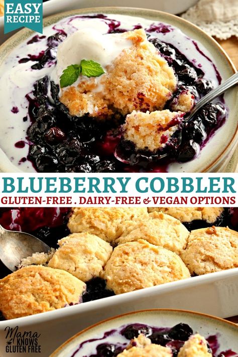 An easy recipe for gluten-free blueberry cobbler. Sweet blueberries baked with a buttery biscuit topping. This recipe also has dairy-free and vegan options. Vegan Blueberry Cobbler, Gluten Free Blueberry Crisp, Gluten Free Blueberry Cobbler, Gluten Free Cobbler, Gluten Free Dairy Free Dessert, Blueberry Crisp, Vegan Blueberry, Blueberry Cobbler, Gluten Free Sweet