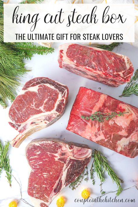 The Ultimate Holiday Gift Basket for Steak Lovers | Couple in the Kitchen Meat Basket Gift Ideas, Gifts For Steak Lovers, Steak Gift Basket Ideas, Meat Gift Basket Ideas, Steak Gift Basket, Steak Lover Gifts, Steak Gift Box, Dinner Gift Basket, Smoked Prime Rib Roast