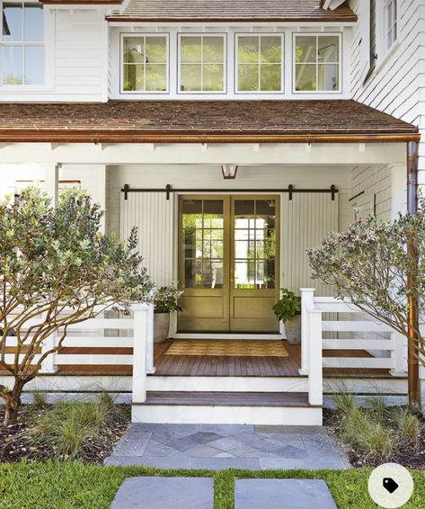 White Farmhouse Exterior, Front Porch Railings, Farmhouse Exterior Design, Exposed Rafters, Building A Porch, Barn Style Doors, Farmhouse Front Porches, Porch Railing, Farmhouse Front