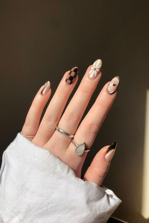 Nails 70s, 70s Nails, Match Nails, Mix Match Nails, Fall Nail Inspo, Daisy Nails, Simple Gel Nails, Brown Fall, Nail Envy