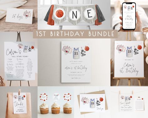 One Basketball Birthday, One Year Old Basketball Theme Party, First Birthday Basketball Theme, First Birthday Basketball, 1st Birthday Basketball Theme Invitation, Basketball Theme Party, Basketball Theme, Basketball Party, Birthday Packages