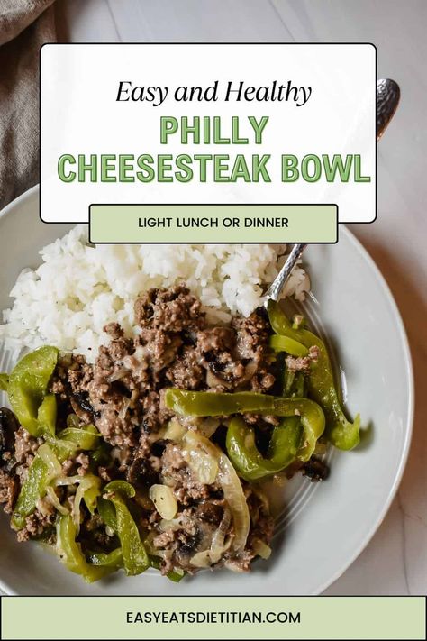 This high protein philly cheesesteak bowl is perfect for an easy and healthy meal prep lunch for busy weeks and it can also be made for a busy weeknight dinner! It's packed in veggies, lean protein and served with white rice to provide complex carbs to keep you full for hours. It's so simple, yet so complex in flavor and each bite is so satisfying! #mealprep #mealpreplunch #easymealprep #healthylunch #healthylunchrecipe #phillycheesesteak Simple Protein Lunch Ideas, Beef Lunch Meal Prep, Lunch Prep High Protein, High Protein Lunch Bowls, Meal Prep Bowls High Protein, High Protein Meal Prep Dinner, Lean Meal Prep, High Protein Lunch Prep, Philly Cheesesteak Bowl