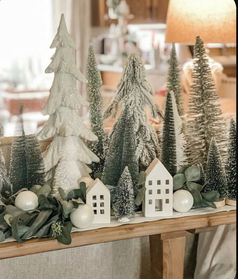 Rustic Scandi Christmas Tree, Christmas Tree Farm Table Decor, Winter Forest Decor, Sage Green And White Christmas Decor, Christmas Decor Astethic, Christmas Tress Decor Ideas, Farmhouse Christmas Shelf Decor, Green And White Christmas Tree Decor, Christmas Village Table Centerpiece