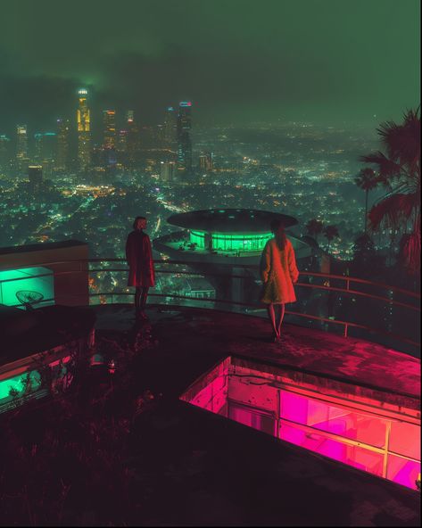 Dee and Lesah stood on the rooftop, the city below them a shimmering sea of lights. The neon green glow from the mysterious, rotating structure in the distance cast an eerie hue on their faces. "We have to get inside," Dee whispered, her voice tense but determined. Lesah nodded, clutching the device they'd stolen—an encrypted key said to control the city's underground AI network. As they prepared to descend, the ground beneath the structure began to vibrate, a low hum growing louder. Suddenly... Scenic Aesthetic, Sea Of Lights, Her Voice, Urban Fantasy, Neon Lighting, Neon Green, Aesthetic Art, Cyberpunk, Science Fiction