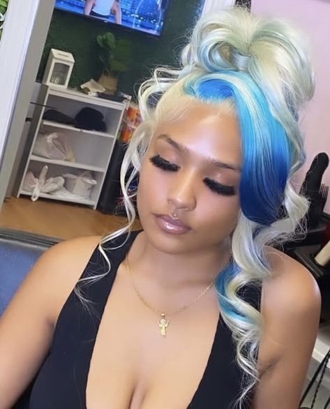 Colored Updo Wig, Blue And Blonde Wigs For Black Women, Blonde Lace Front Wigs Updo, Blonde Wig With Blue Highlights, Lavender Updo Wig, Blonde With Blue Highlights, Wig Updo Hairstyles, Blonde Wig Blue Highlights, Blue Updo Wig