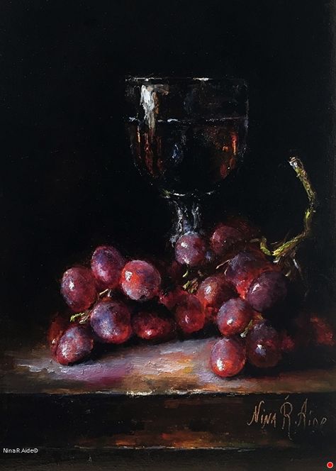 Grapes and Wine by Nina R. Aide, Oil, 7 x 5 x 1/8 Painting Grapes, Grapes And Wine, Oil Painting Videos, Grape Oil, Grape Painting, Grapes Wine, Oil Painting Nature, Wine Painting, Art Fruit