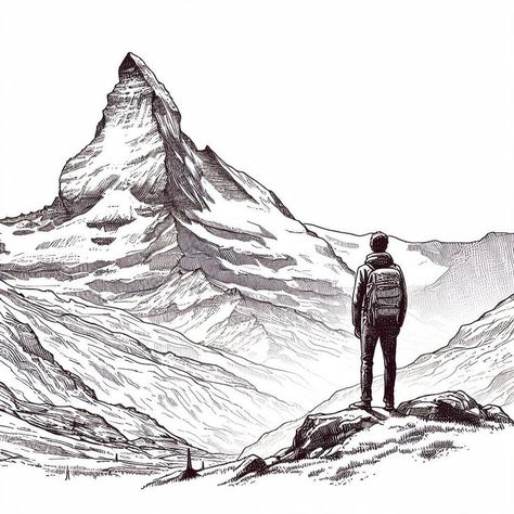 Mountain Ink Drawing, Mountain Sketch Landscapes, Mountain Drawing Sketches, Matterhorn Tattoo, Hiking Sketch, Hiking Drawing, Drawing White On Black, Mountain Range Drawing, Mountain Drawings