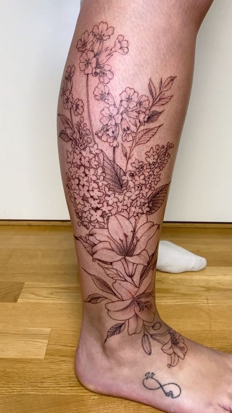 Lilac Sleeve Tattoo, Cowslip Tattoo, Lily Leg Tattoo, Floral Calf Tattoo, Flower Leg Sleeve Tattoo, Lilac Tattoo Design, Floral Leg Sleeve Tattoo, Leg Flower Tattoo, Iris Flower Tattoo