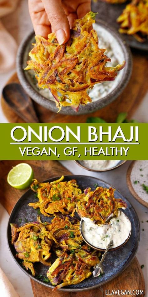 Enjoy crispy, light, flavorful homemade Indian onion bhaji with just one tablespoon of oil per 4 fritters! Combining thinly sliced onions with a spiced chickpea flour batter and pan-fried until crispy, these onion fritters are gluten-free, egg-free, vegan, and a healthy appetizer, snack, or side dish! #onionbhaji #bhaji #onionfritters #bhajirecipe #elavegan | elavegan.com Onion Bhaji Recipes, Onion Fritters, Resep Vegan, Onion Bhaji, Healthy Appetizer, Indian Appetizers, Bhaji Recipe, Chickpea Flour, Onion Recipes