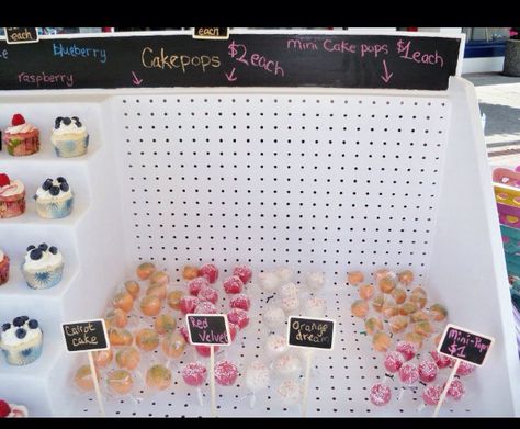 Cake pops display with chalkboard sliver on top Cake Pop Market Display, Cake Pop Vendor Display, Cake Pop Display, Bake Sale Displays, Cake Pop Displays, Farmers Market Display, Vendor Booth Display, Cake Pop Stands, Vendor Displays