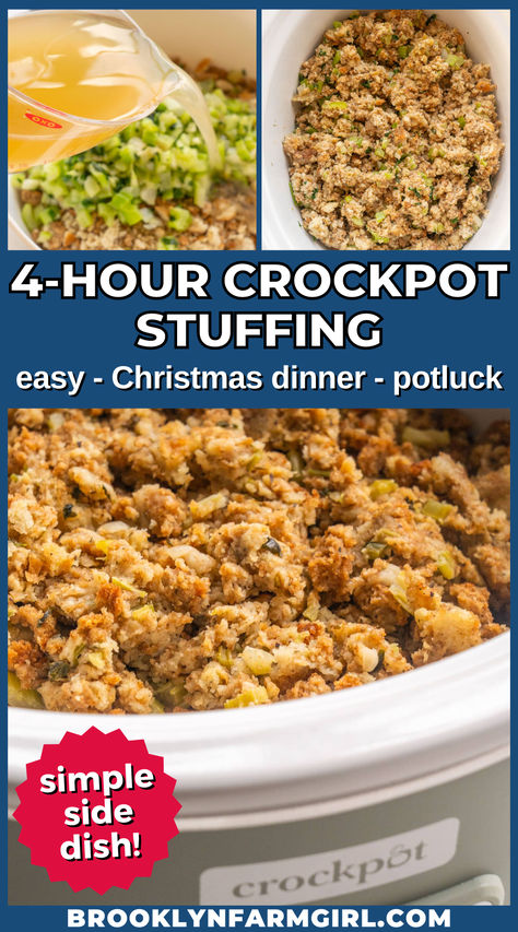 overhead shot of the stuffing in a slow cooker Crockpot Rolls Easy, Pa Dutch Stuffing Recipes, Pepperidge Farm Stuffing Recipes Crock Pot, Crockpot Pepperidge Farm Stuffing, Turkey Stuffing Recipes Crockpot, Easy Crockpot Stuffing Recipes, Pepperidge Farm Stuffing Crockpot, Easy Stuffing Recipe Stovetop, Holiday Potluck Ideas Crock Pots