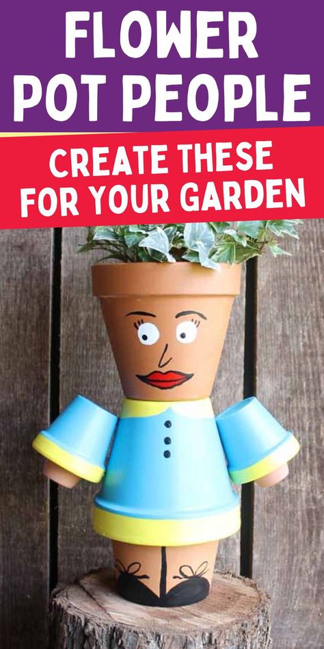 How to make flower pot people. DIY flower pot craft idea. How to turn flower pots into cute craft ideas. Plant Pot People, Clay Pot People Instructions, Flower Pot People Diy Terra Cotta, Diy Clay Pot People, How To Make Clay Pot People, Flower Pot People Diy, Flower Pots Diy, Pot People Diy Terra Cotta, Clay Pot People Ideas