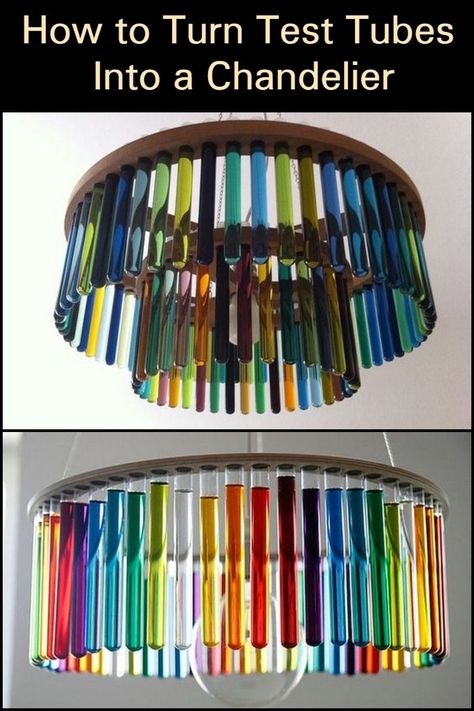 Beautiful and colorful, this DIY test tube chandelier will surely be a talking point! Test Tube Bud Vase, Test Tube Upcycle, Test Tube Chandelier, Glass Tube Crafts, Diy Wall Hanging Paper, Test Tube Crafts, Trippy Decor, Spool Furniture, Witch Room