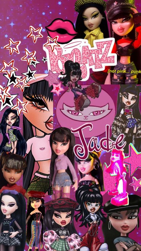 Jade Bratz #jade #bratz #bratzjade #jadepunk #bratzpunk #bratzdoll #bratzsasha #bratzcloe #bratzjasmine Bratz Doll Jade Aesthetic, Jade Bratz, Bratz Jade, Bratz Characters, 2000s Wallpaper, Black Bratz Doll, Pop Art Decor, Bratz Girls, Color Drawing Art