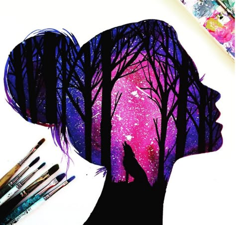 Watercolor Painting … Más Silhouette Painting, Galaxy Painting, Galaxy Art, A Wolf, Silhouette Art, Beautiful Drawings, Drawing Tutorials, Drawing Tips, Drawing Techniques