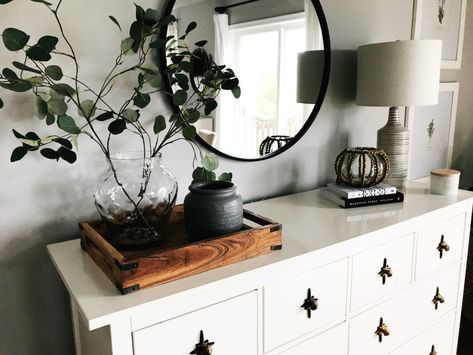 HOW TO STYLE A BUFFET TABLE (OR DRESSER) – Dream. Build. Blog. Styling A Buffet In Living Room, Styling A Dining Room Buffet, Style A Buffet Table, How To Style A Buffet Table, Style A Buffet, How To Style A Buffet, Mirror Greenery, Dining Room Buffet Styling, Styling A Dresser