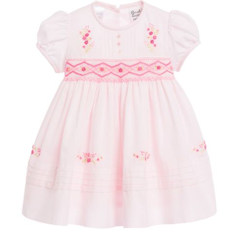 Sarah Louise Baby Girls Pale Pink Hand-Smocked Dress at Childrensalon.com Vintage Baby Dresses, Smocked Baby Dresses, Hand Smocked Dress, Sarah Louise, Paper Doll Dress, Smocked Dress, Ribbon Tie, Puffed Sleeves