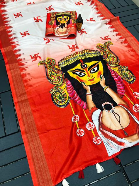 *DURGA* Beautiful soft crape silk sarees with all DURGA PUJAS PRINT design along with zari weaving border Beautiful Zalar in pallu Running blouse with border and Durga print *Price 830+$ For order contact:9492358459 Blouse With Border, Painted Saree, Crepe Sarees, Ma Durga, Saree Painting Designs, Saree Painting, Crepe Silk Sarees, Durga Painting, Churidar Designs