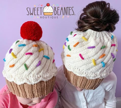 These Knit Cupcake Beanies and Messy Bun Hats Are Deeee-lightful! #knit #knitting #messybun #handmade #diy #cupcake Knit Cupcake, Magic Loop Knitting, Cupcake Hats, Crochet Baby Hat, Crochet Baby Hat Patterns, Crochet Ruffle, Baby Hat Patterns, Crochet Cap, Haken Baby