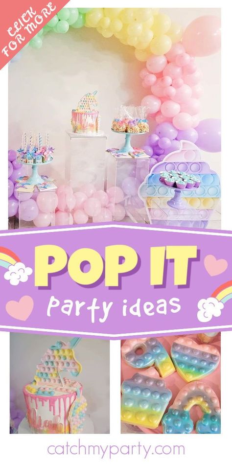 Poppet Birthday Party Ideas, Popit Party Decor, Pop It Cupcake Ideas, 6th Birthday Party Ideas For Girls Theme, Pop It Cookies, Pop It Themed Birthday Party, Pop It Birthday Party Theme, Pop It Party Ideas, Girls Birthday Theme Ideas