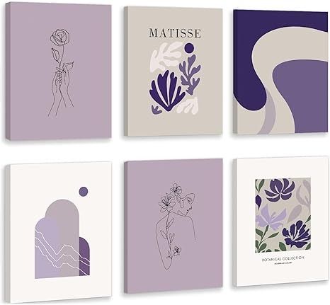 Amazon.com: CHDITB Matisse Theme Wall Decor Purple Flowers Canvas Prints Minimalist Floral Framed Set of 6(12”X16”) Matisse Wall Art Posters Abstract Matisse Botanical Decor for Living Room Dress Room Girls Room : Everything Else Canvas Floral Painting, Wall Frame Design, Wall Decor Purple, Designs Aesthetic, Lavender Wall, Matisse Wall Art, Dorm Bathroom, Dress Room, Painting For Bedroom