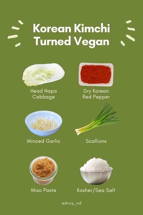 Ingredients for the recipe of Vegan Korean Kimchi Kimchi Ingredients List, Kimchi Ingredients, Kimchi Vegan, Traditional Kimchi, Vegan Kimchi Recipe, Vegan Korean Food, Cabbage Kimchi, Korean Food Kimchi, Fast Healthy Dinner