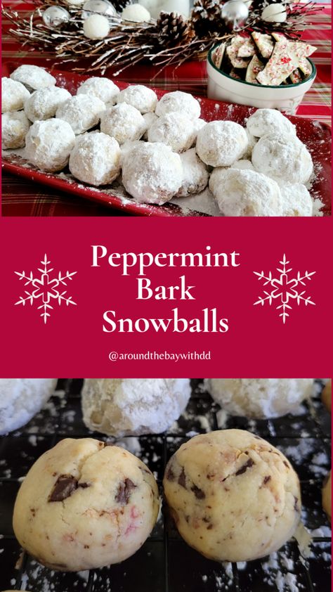 Peppermint Bark Snowballs, Peppermint Snowballs Cookies, Peppermint Snowball Cookies, No Bake Peppermint Bark Snowballs, Crumbl Peppermint Bark Cookie, Mint Chocolate Chip Snowball Cookies, Peppermint Bark Cookie, Snowball Cookies, Peppermint Cookies