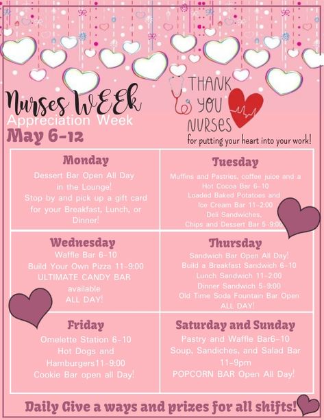 Nurses Week Flyer and Schedule Nurse Spirit Week Ideas, Nursing Home Week 2024, Nursing Week Ideas Activities, Nurses Week Food Ideas, Nurses Week 2024, Nursing Week Ideas, Nursing Home Week Ideas For Staff, Nurse Week Ideas Activities, Nursing Home Week Ideas