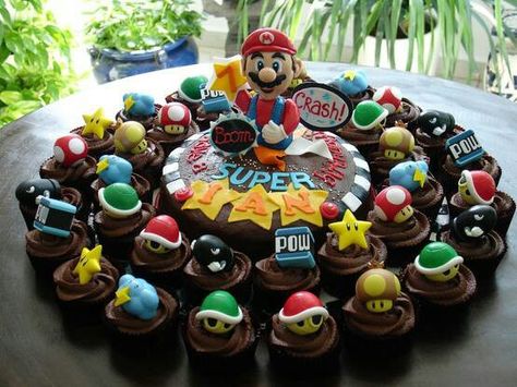 Want this for my bday Mario Cupcakes, Super Mario Cupcakes, Mario Brothers Birthday Party, Mario Kart Party, Mario Birthday Cake, Nintendo Party, Super Mario Cake, Super Mario Bros Birthday Party, Super Mario Bros Party