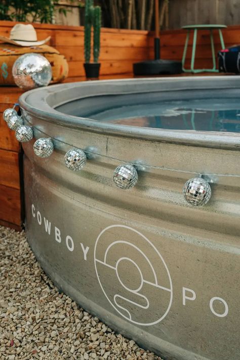 Stock Tank Pool Accessories, Cowboy Pool Ideas, Salt Water Stock Tank Pool, 10 Ft Stock Tank Pool, Stock Tank Pool On Gravel, Cowboy Pools, Cowboy Pool Stock Tank, Rubbermaid Stock Tank Pond, Poly Stock Tank