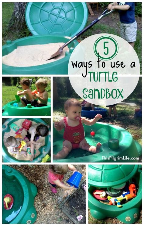 Turtle sandboxes are not only for sand! Check out these simple ways to repurpose a common toy! Crab Sandbox Makeover, Sandbox Filler Alternatives, Turtle Sandbox Repurpose, Turtle Sandbox Ideas, Sandbox Alternative Ideas, Turtle Sandbox Makeover, Acv Drinks, Megan Clark, Summer Backyard Fun