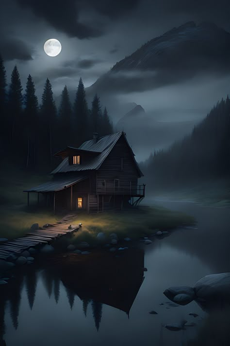 Haunted House Pictures, Mountains At Night, Little Cabin In The Woods, House Silhouette, Whimsical Art Paintings, Easy Photography Ideas, Cabin In The Mountains, Abstract Art Images, Creepy Houses