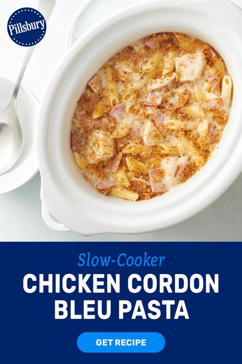 Chicken cordon bleu is pretty delish on its own, but when you add pasta and make it in the slow-cooker (or crockpot!) it becomes your family's absolute favorite. Creamy alfredo, cheesy ham and chicken, and some crispy bread crumbs will turn this slow cooker recipe into the best dinner idea yet. Crockpot Chicken Cordon Bleu Pasta, Crockpot Chicken Cordon Bleu, Creamy Alfredo Pasta, Cordon Bleu Pasta, Chicken Cordon Bleu Pasta, Chicken Cordon Bleu Recipe, Crispy Bread, Cheesy Ham, Chicken Cordon Bleu Casserole