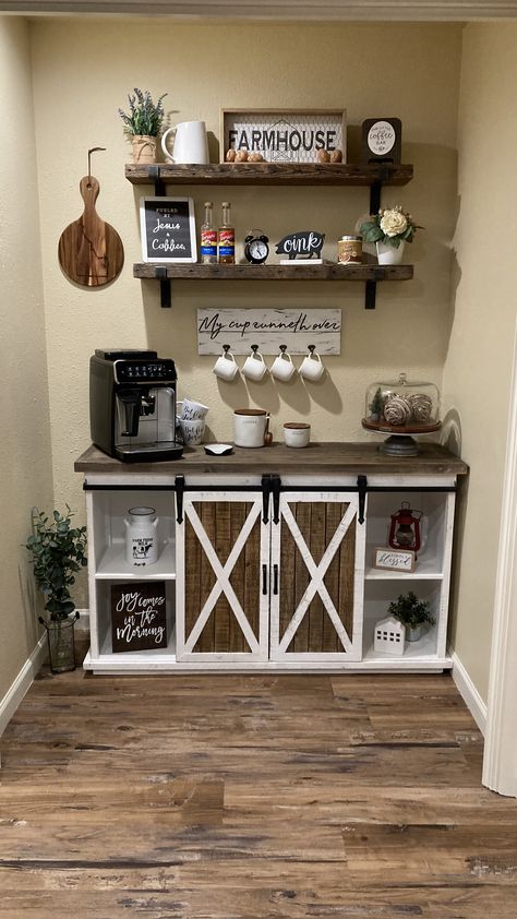 Hobby Lobby Kitchen Decor Ideas, Kitchen Counter Coffee Bar, At Home Coffee Bar, Coffee Bar In Kitchen, Coffee Bar Ideas Kitchen, Counter Coffee Bar, Bar In Kitchen, Coffee Bar At Home, Bars Ideas