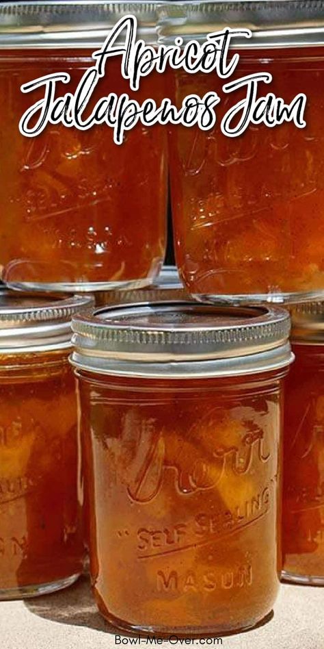 Spicy sweet Apricot Jalapeno Jam is an easy recipe! It's terrific over cream cheese on a bagel and a great glaze for chicken, pork or shrimp! Apricot Jalapeño Jelly, Apricot Jalapeno Jam Pepper Jelly, Apricot Jalapeño Jam, Spicy Apricot Jam, Jalapeno Apricot Jam, Apricot Pepper Jam Recipe, Peach Hot Pepper Jelly Recipe, Apricot Jelly Recipes, Apricot Jalapeno Jam Recipe