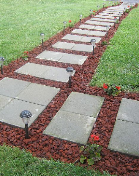 front walkway built out of inexpensive cement pavers red lava rocks and solar, concrete masonry, curb appeal, landscape, Front Walkway Reveal White Rocks Landscaping, Walkway Pavers Ideas, Front Yard Walkway, Pathway Ideas, Driveway Ideas, Walkway Landscaping, Walkway Design, Pathway Landscaping, Paver Walkway