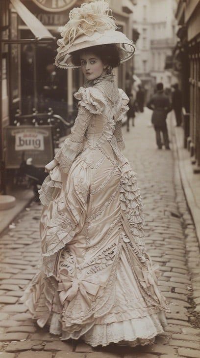 Captured in time, this sepia-toned photograph exudes the elegance of a bygone era. A woman, donned in a sumptuously ruffled and adorned gown reflecting the fashion of the late 19th or early 20th century, turns her head slightly, offering a mysterious smile. Her wide-brimmed hat, embellished with delicate flowers and ribbons, sits gracefully atop her hair, styled in an updo typical of the period's high society. She stands poised on a cobblestone street, lined with the windows of quaint shops, a s Vintage Pictures Of People, Victorian Governess Dresses, Ball Gowns Old Fashioned, Victorian Fashion Gothic, Early Edwardian Fashion, Toned Back Women In Dress, Edwardian Hats Women, Victorian Dress Gowns 19th Century, 1900s Fashion Aesthetic