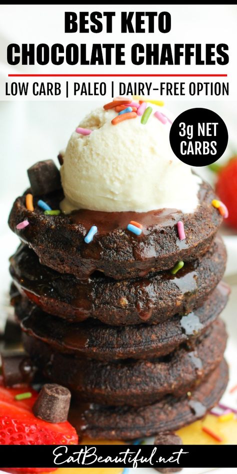 Just 5 minutes to mix together pantry-staples, and you have the BEST fun breakfast, snack or dessert! With a dairy-free option, Best Keto Chocolate Chaffle is Low Carb, Paleo and Gluten-free. | Eat Beautiful || #lowcarb #keto #chocolate #chaffle #best #healthyrecipes #ketobreakfast #ketodessert Chocolate Chaffle, Eat Beautiful, Fun Breakfast, Baking Soda Beauty Uses, Low Carb Low Sugar, Low Carb Dessert, Diet Breakfast Recipes, Keto Chocolate, Low Carb Diet Recipes