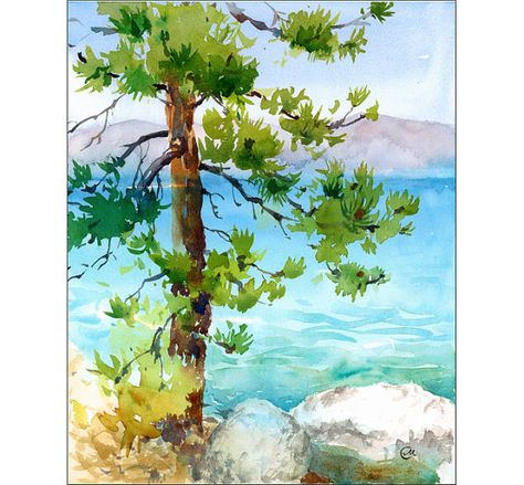 Lake Tahoe Landscape Original Watercolor by CMwatercolors on Etsy Scape Painting, Landscape Painting Watercolor, Sea Scape, Watercolor Scenery, Torch Lake, Coloring Pencils, Incline Village, Places On Earth, Lake Water