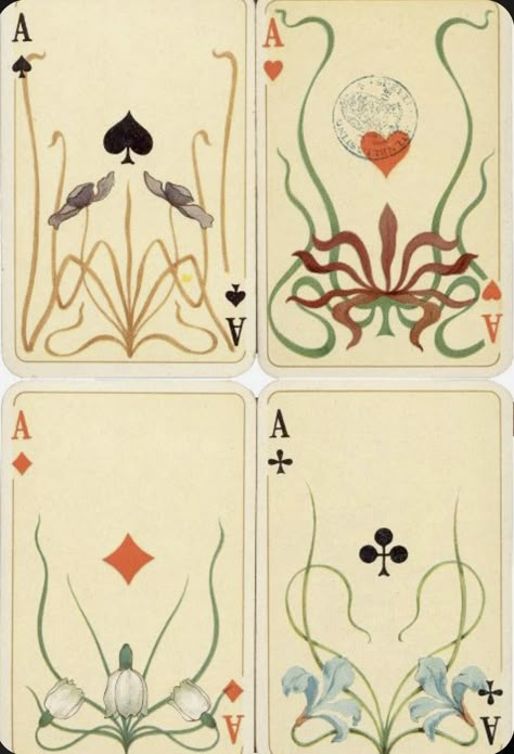 Art Nouveau Playing Cards, Cards Deck Design, Vintage Deck Of Cards, Illustrated Playing Cards, Diamond Illustration Design, Painted Deck Of Cards, 1920s Tattoo, 1920 Illustration, Card Deck Art