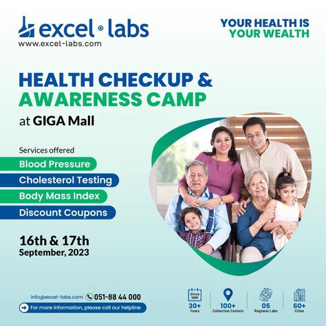 🩺 Join us for a Health Checkup & Awareness Camp at Giga Mall on September 16th & 17th, 2023, hosted by Excel Labs! Get ready for a weekend of wellness with FREE services like Blood Pressure, Cholesterol Testing, and BMI Checkups. Plus, grab your Discount Coupons! Let's prioritize health together! #gigamall #gigagroup #shoppingmall #shopping #GigaMallHealthCamp #ExcelLabs #WellnessWeekend #HealthyLiving #HealthCheckup #DiscountsGalore #WTCPAK Save Electricity Poster, Electricity Poster, Prioritize Health, Health Checkup, Pathology Lab, Ganesh Ji, Hospital Design, Save Electricity, Blood Test