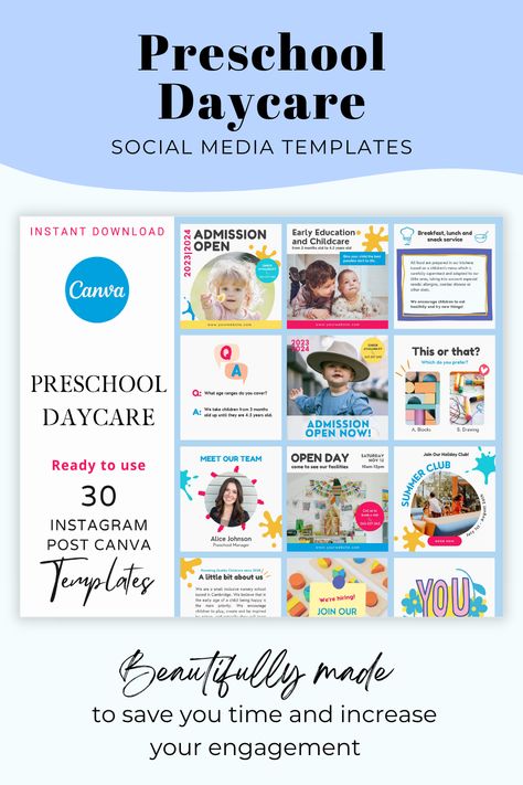 Preschool Daycare Instagram Post Canva templates with Real Text for are ready to use to save you time! These education social media templates are perfect to promote preschool daycare, early education childcare, nursery, holiday club, teacher, school and education business. You’ll save time and effort in designing the instagram posts from scratch. School Marketing, Holiday Club, Instagram Canva, Social Media Templates, Early Education, Kids Education, Social Media Content, Social Media Template, Brochure Template