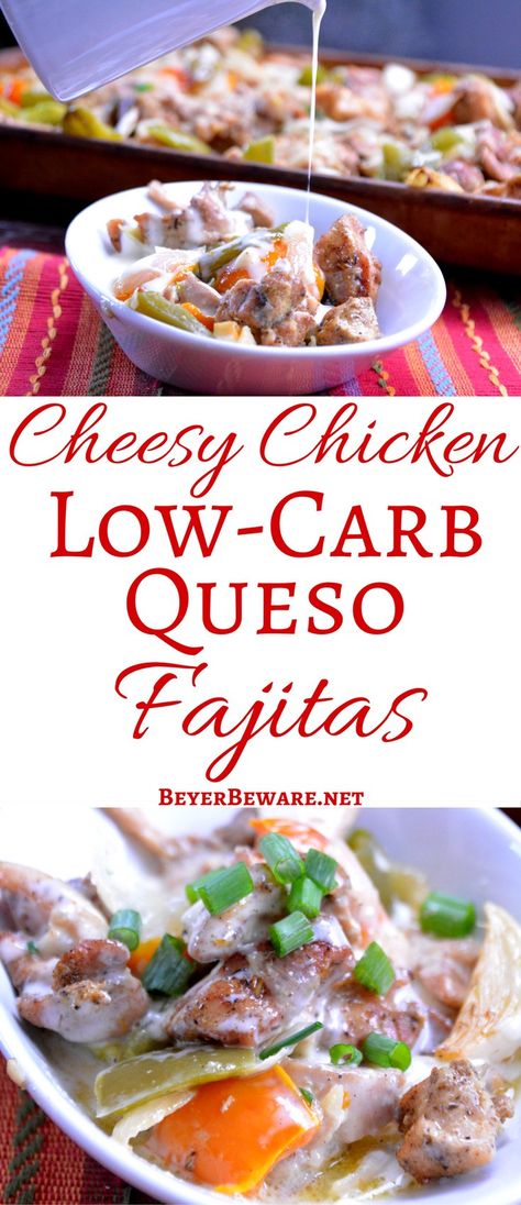 Low-Carb Queso Fajitas - Cheesy Chicken Fajitas  Low-Carb Queso Fajitas are a simple sheet pan baked fajita recipe that becomes cheesy chicken fajitas perfect for keto and low-carb diets. #fajitas #keto #Lowcarb #sheetpansuppers Fajita Bake Recipe, Easy Chicken Fajita Recipe, Colourful Vegetables, Ketone Recipes, Baked Chicken Fajitas, Low Carb Mexican, Chicken Fajita Recipe, Full Recipes, Fajita Recipe