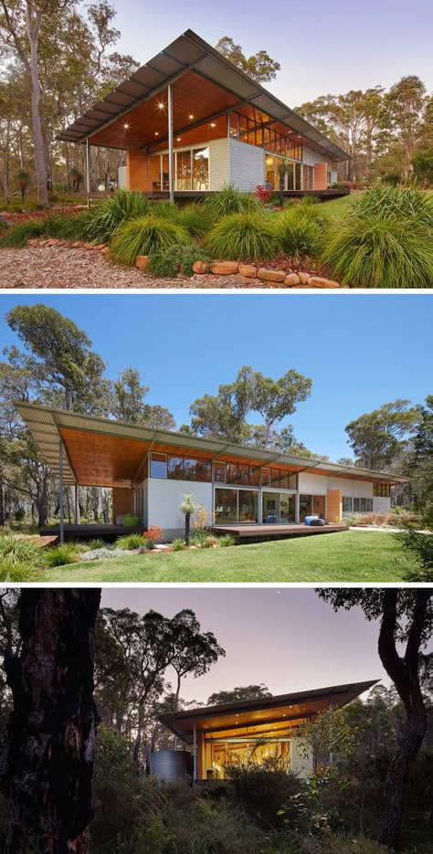 16 Examples Of Modern Houses With A Sloped Roof | This sloped roof on this modern house helps collect rain water and shields the interior of the home from the harsh Australian heat. Sloped Roof, Skillion Roof, Modern Mountain Home, Roof Architecture, Lan Can, Shed Homes, Modern Houses, House Roof, Naples Florida