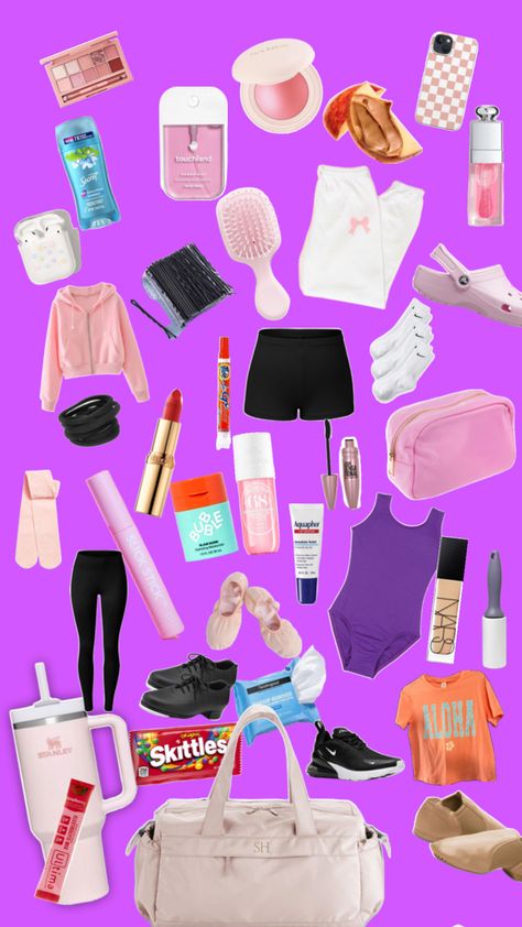 All of the different things that I put inside my dance bag like my shoes, leo, water, makeup, ext… Dance Competition Bag, Backpack Essentials, Ballet Clothes, Dance Bag, Bag Essentials, Cute Preppy Outfits, Dance Life, Emergency Kit, Dance Competition