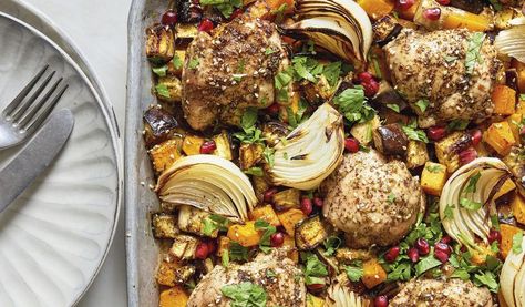 Za’atar Chicken, Aubergine, and Squash Traybake Zaatar Chicken, Chicken Traybake, Traybake Recipes, Mediterranean Foods, Chicken Tray Bake, Dinner Ideas For Two, Chicken And Butternut Squash, Tray Bake Recipes, Za Atar